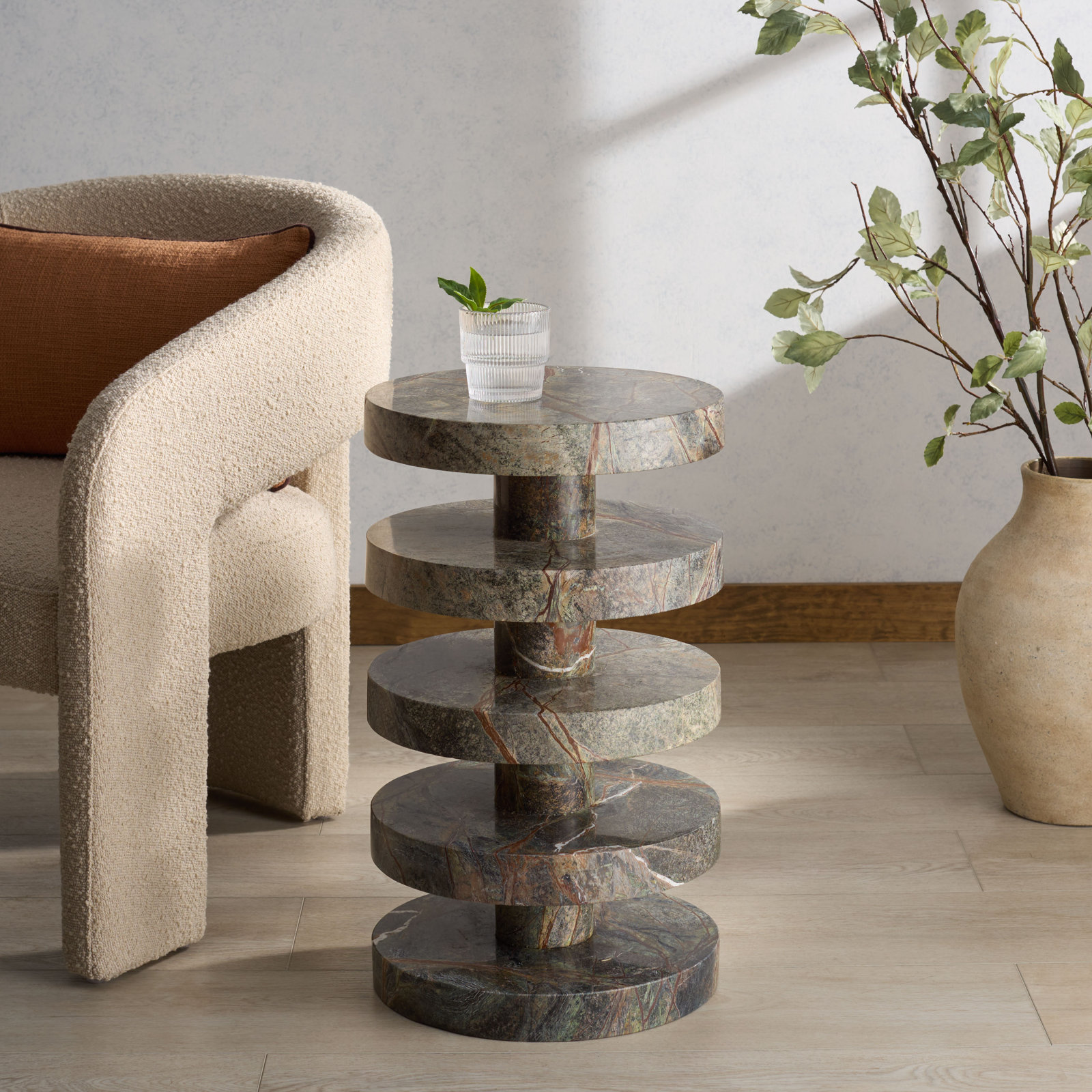 14" Genuine Marble End Table, Green/Brown
