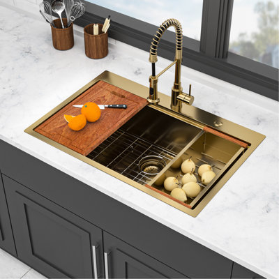 36 X 22 10 Inch Gold Drop - In Topmount 16 Gauge T304 Stainless Steel Kitchen Sink With Workstation Ledge, X Shaped Water Flow For Quick Drain, Condensation Coating And 3Mm Pad, Comes Drying Rack