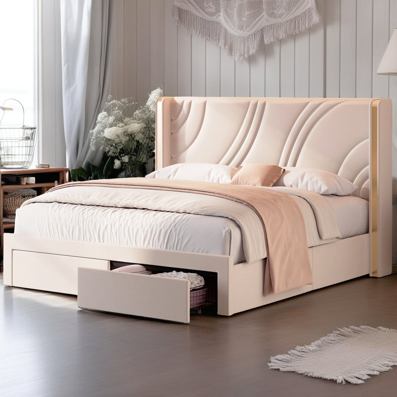 Structure de lit tapissier en velours avec tête de lit et tiroirs à DEL RVB, Beige, Très grand lit