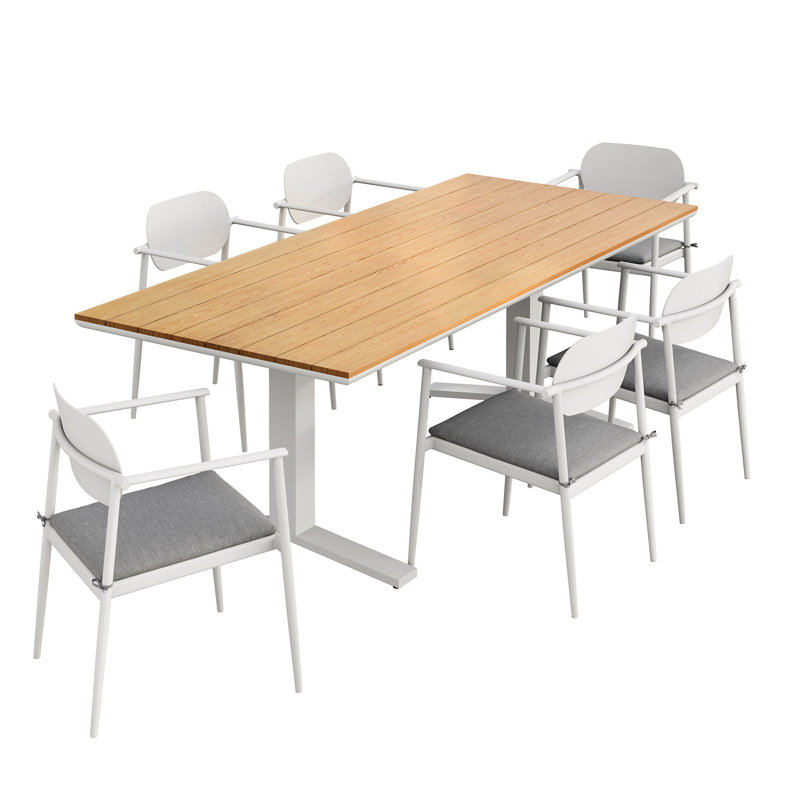Aeris 7-Piece Outdoor Patio Aluminum Dining Set , White/Brown/Light Gray