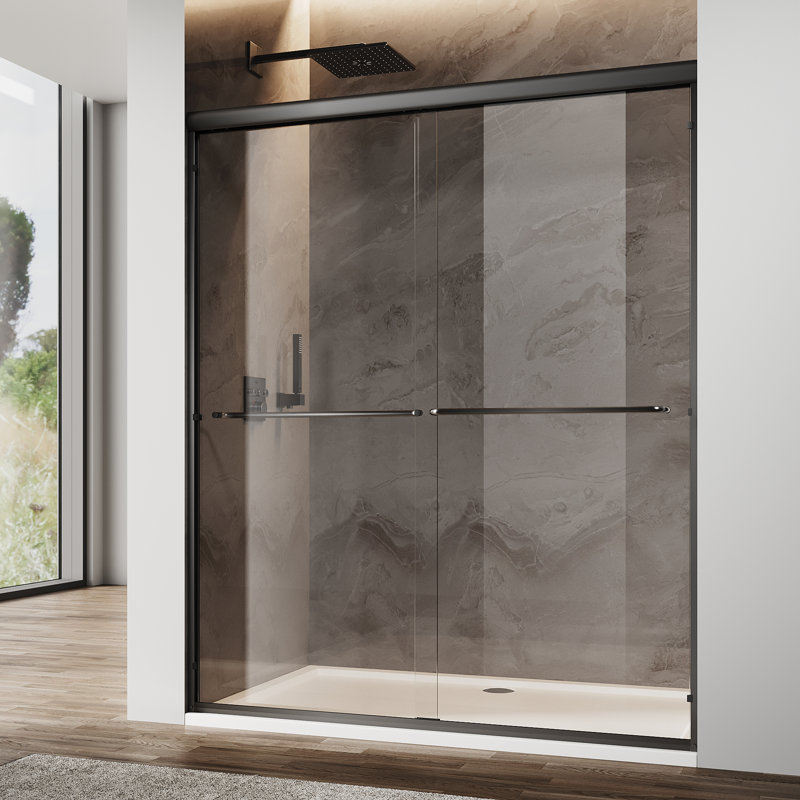 48" X 72" Double Sliding Doors with Double-handle towel rack and 1/4" Tempered Glass, Matte Black, Matte Black