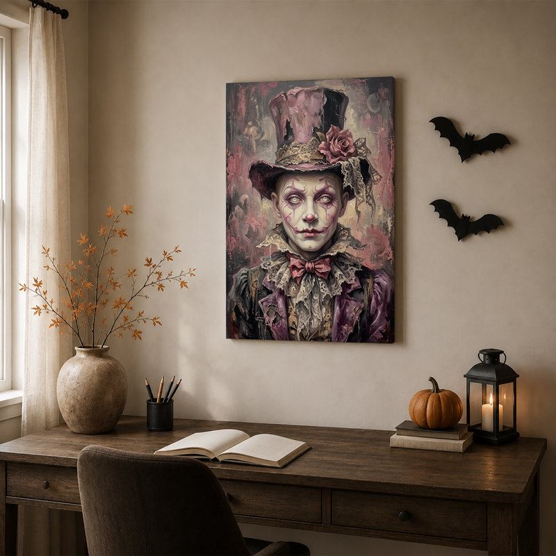 Impression sur toile stylisée «Mad Hatter» en mauve et rose, H 24 po x l 16 po