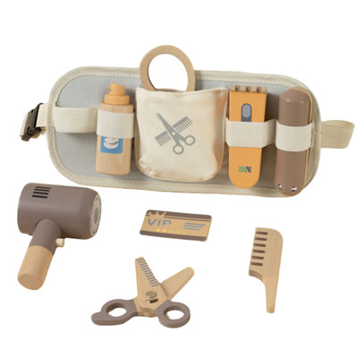 Freniland - Salon de coiffure pour enfants avec outils en bois, jeu de rôle 9 pièces avec miroir, ciseaux et sac de rangement