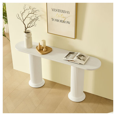 Console moderne de 160 cm (62,99 po) avec pieds de style romain, table d'entrée en MDF avec plateau en placage de bois pour salon et couloir, blanche