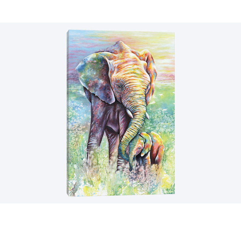 « maman & baby éléphant éléphant colors », reproduction sur toile, H 18 po x l 12 po x P 1,5 po, Pas de tapis, Toile tendue