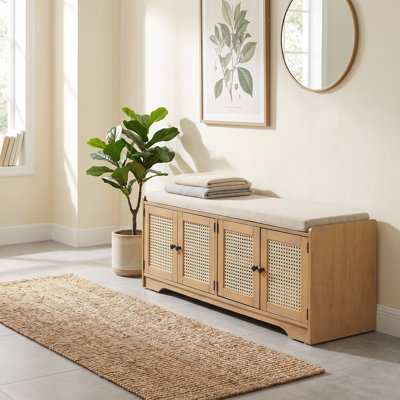 Banc de rangement rustique avec portes en rotin tissé, 2 tablettes réglables et coussin amovible - Banc à chaussures multifonctionnel pour le couloir, le salon et le vestibule