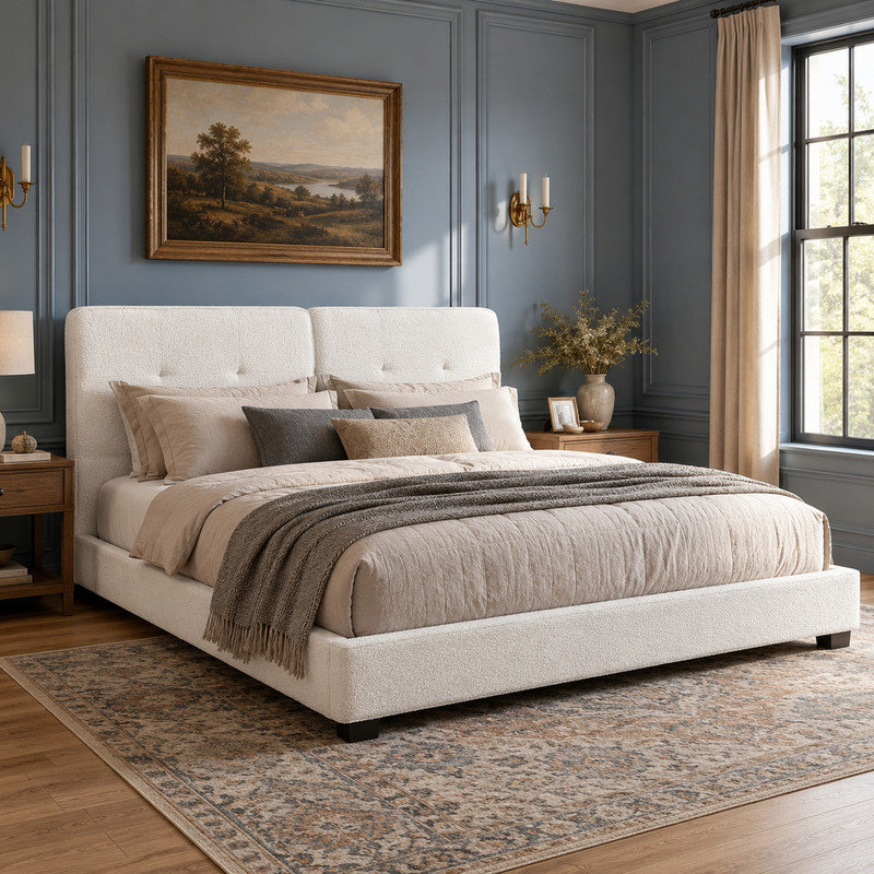 Lit plateforme tapissier avec tête de lit capitonnée et support en lattes de bois, Beige
