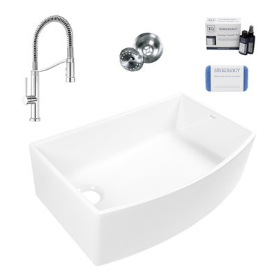 Austen Fireclay 33"" Single Bowl Farmhouse Apron Front Bow Undermount Kitchen Sink with Bruton Chrome Faucet Kit -  Sinkology, SK498-33FC-BRUC