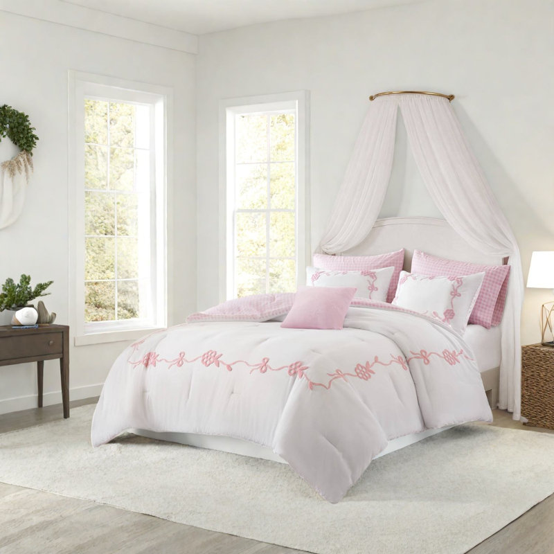 Pink Full Queen Bedding Sets, 6 Piece Microfiber Floral Comforter Set