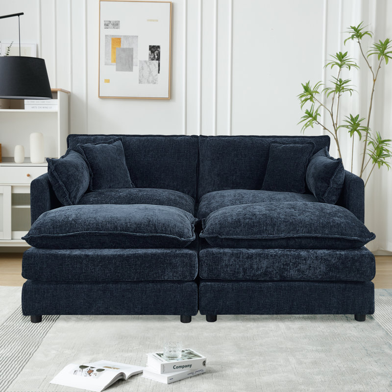 Canapé-lit en chenille moderne avec repose-pieds, Chenille bleu, H 33,85 po x l 77,16 po x P 35,82 po