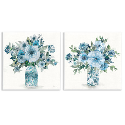 Ensemble de 2 plaques murales en forme de vase pastel bleu floral, design par Carol Robinson