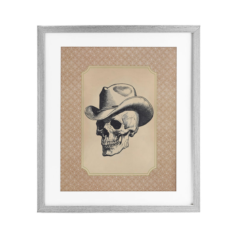 Crâne de cow-boy rétro, impression encadrée sous verre, design par Arlington Prints, H 16 po x l 13 po, Cadre de ferme gris