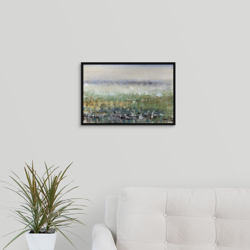 «Mist in the Field», peinture sur toile, H 13,7 po x l 19,7 po x p 1,75 po, Cadre flottant noir