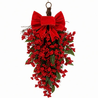 Guirlande de Noël en forme de larme pour la porte d'entrée, guirlande de baies rouges artificielles avec nœud en velours rouge et feuilles vertes, couronne décorative pour l'entrée de la fenêtre Winter Holiday, 23,6 po de long