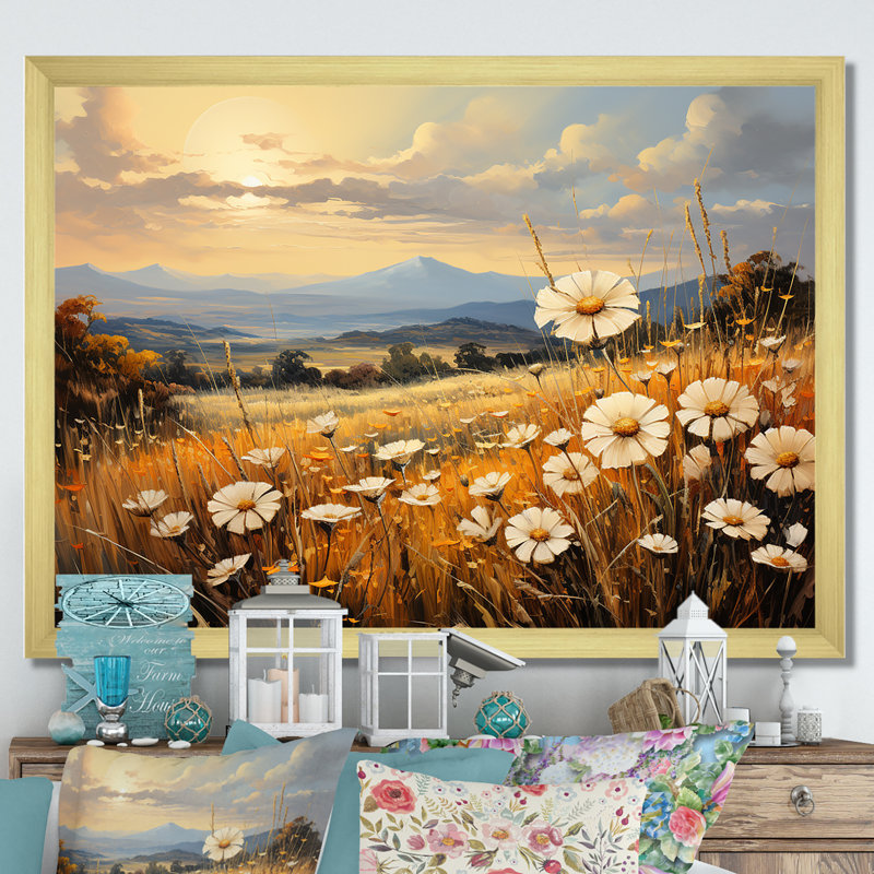Magnifique champ de fleurs chaudes sur toile, H 12 po x l 20 po x P 1 po, Cadre doré simple