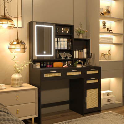 Makeup Vanity with Lights in 3 Colors and Mirror, Vanity Desk with 4 Drawers, 1 Cabinets, Shelves -  Ivy Bronx, 09C645FE8D6A4438A288ADD6E0416449