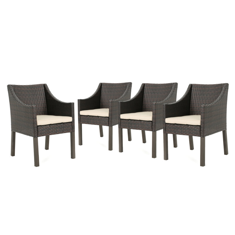 Fauteuils de salle à manger d'extérieur en osier avec coussins Amary, Structure aux tons bruns multiples / coussin beige