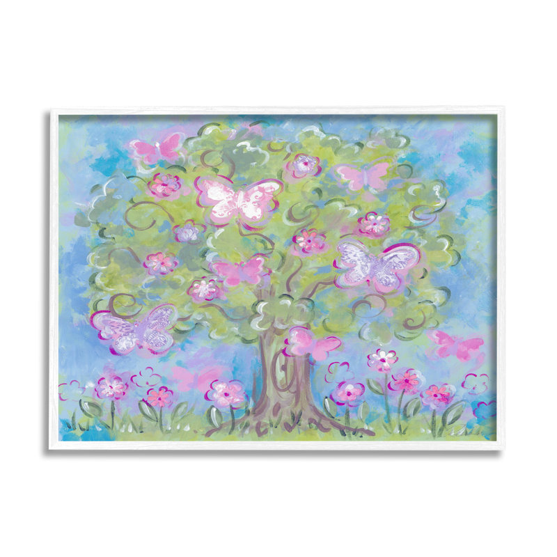 Papillon pastel et arbres, L 16 po x H 20 po, Giclée encadrée blanc bord de mer
