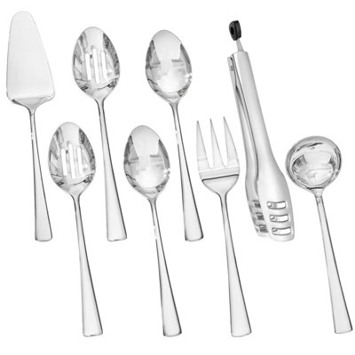 8-Piece 18/10 Stainless Steel Serving Utensils Set, Buffet Serving Tools Including Slotted Spoon, Solid Serving Spoon, Serving Fork, Serving Tong, Soup Ladle & Cake Server