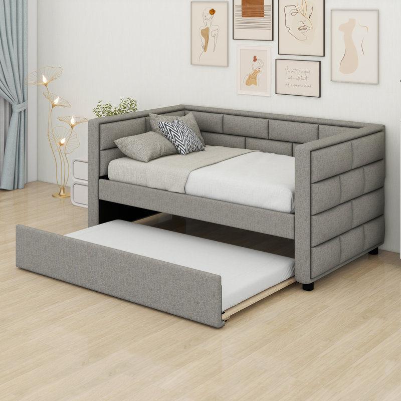 Lit de jour simple rembourré gris avec couchette et dossier rembourré