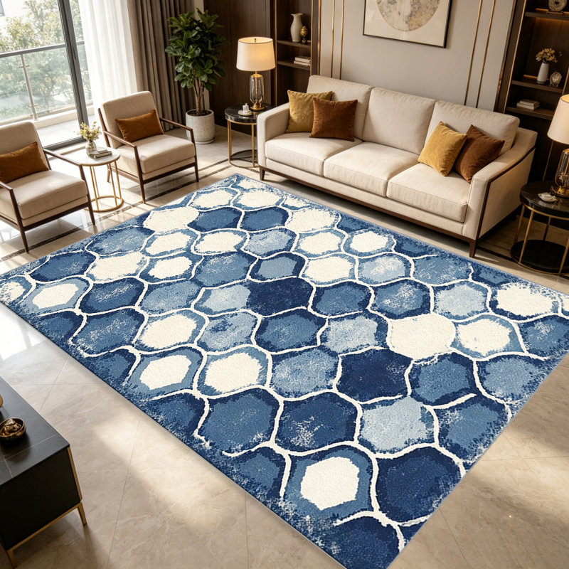 Watercolor Honeycomb Blue carpet-easy to clean, machine-washable, soft and comfortable; suitable for door mats, kitchens, living rooms, bedrooms, corridors, and laundry areas. Easy to clean, durable carpet for home decoration.