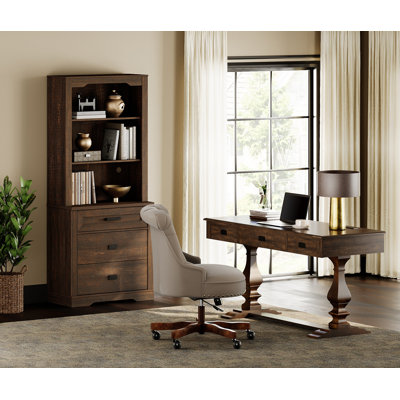 Modern Farmhouse Office Set, 59.1" Executive Desk & 73.3" Open Shelf Bookcase With Drawers– Premium Home Office Shelving Units With Power Hub，Dark Brown