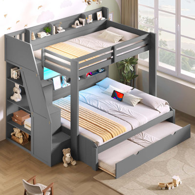 Twin Over Full Bunk Bed with Storage Staircase and USB Charging