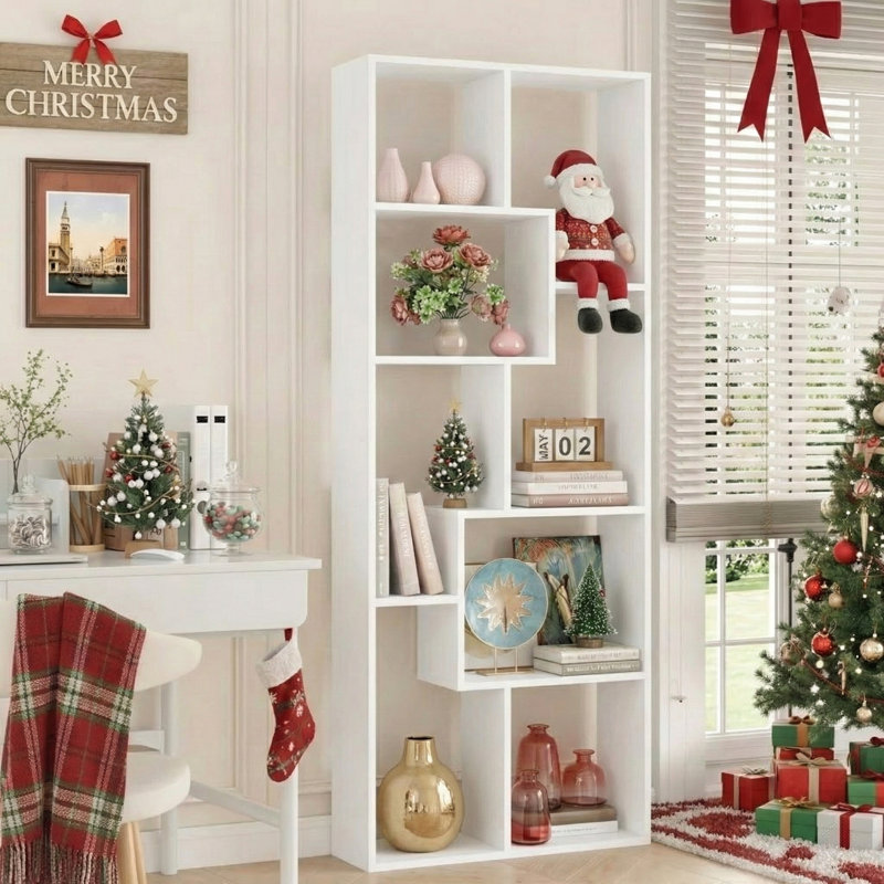 71" Modern Geometric Bookcase with Staggered Shelves and Horizontal or Vertical Placement, White
