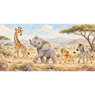 Safari Parade Wallpaper Mural, Peel and Stick Kids Room Wall Mural, Watercolor Safari Nursery Wallpaper