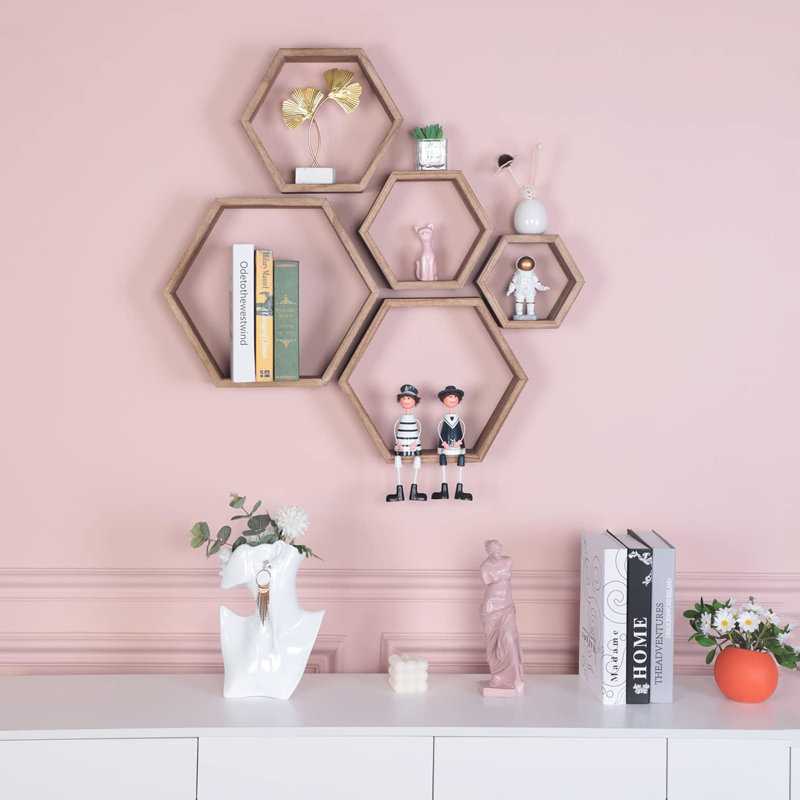 Ensemble de 5 tablettes flottantes Hexagon, Bois jaune clair
