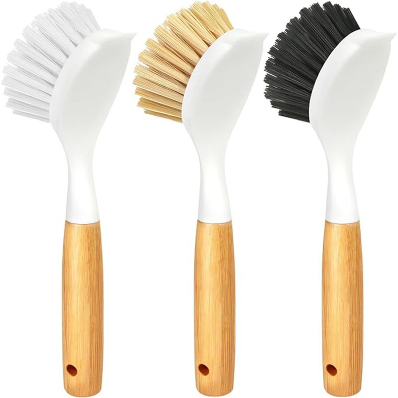 Ensemble de 3 brosses à vaisselle avec poignée en bambou, brosses de cuisine pour nettoyer la marmite, l'évier et la cuisinière, laveuse à poils avec poils durs pour poêle en fonte, jaune, blanc, noir
