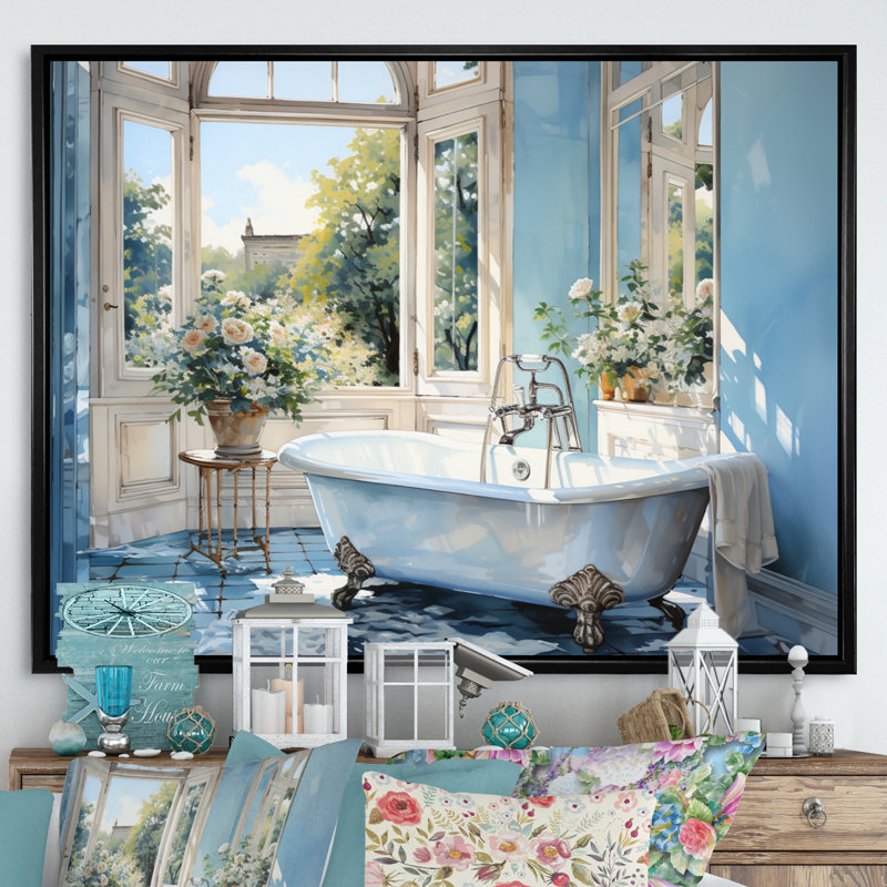 «Bathroom Tranquil Reflections I» - décoration murale pour salle de bain, Cadre flottant noir, H 24 po x l 32 po x P 1 po