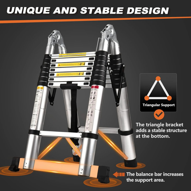 Échelle télescopique avec structure en A, échelle d'extension en aluminium compacte, échelle télescopique portative pour camping-car en plein air avec plateforme d'outils et barre stabilisatrice