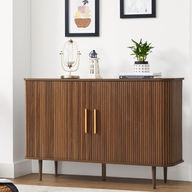 47" Sideboard Buffet Cabinet with Storage Cabinet with Tambour Slide Doors&Shelves, Fluted Storage Cabinet with Curvy Edge, Accent Console Buffet Cabinet,