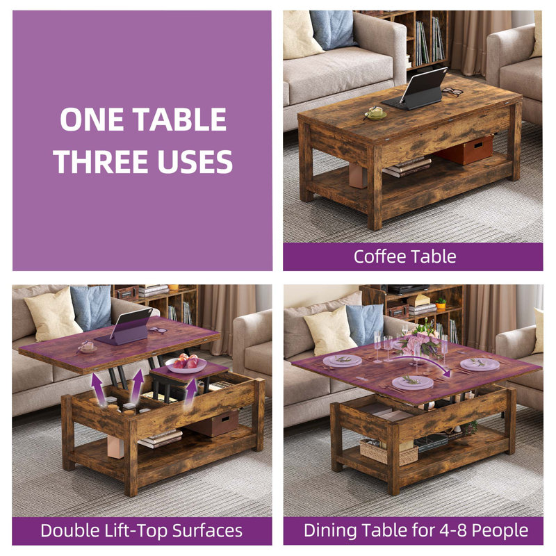 Bojko Multi-Function Lift Top Coffee Table with Hidden Compartment and Storage Shelf, Rustic Brown, Rustic Brown