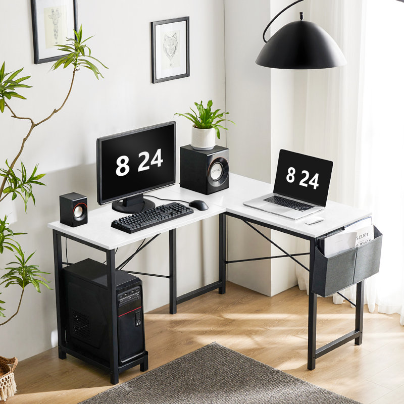 Hussan 50" Wide Reversible L-Shape Desk with Storage Bag, White, MDF wood