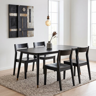 Ensemble de salle à manger 5 pièces en bois massif de style Mid-Century Norvia & Morven, table rectangulaire de 60 po avec rebords biseautés et pieds recouverts de métal et 4 chaises empilables à dossier angulaire, noir ébène
