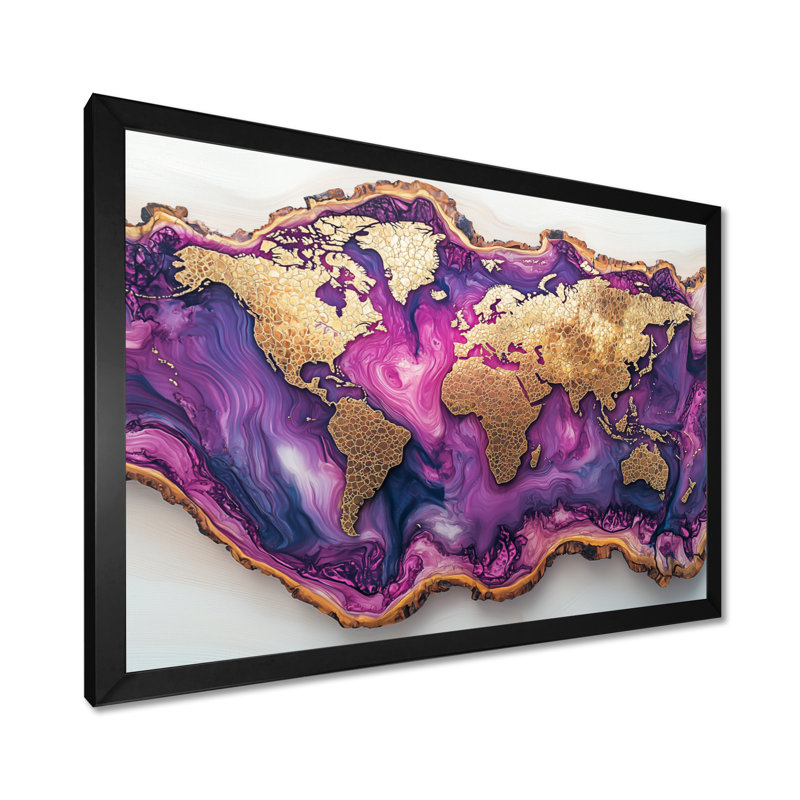 Cristaux et améthyste, carte du monde, diapositive en bois I - carte du monde, art mural, H 30 po x l 40 po