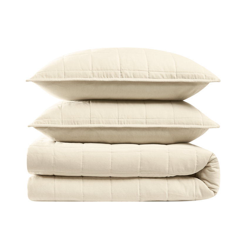 Brooklyn Loom Matte Cotton Velvet Channel Stitch Quilt Set, King Quilt + 2 King Shams, Off-White