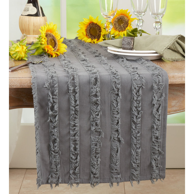 Charcoal Cotton Linen Fringe Stripe Table Runner