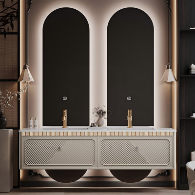 Meuble-lavabo de salle de bain 51,18 po en bois d'hévéa massif avec miroir intelligent Smart