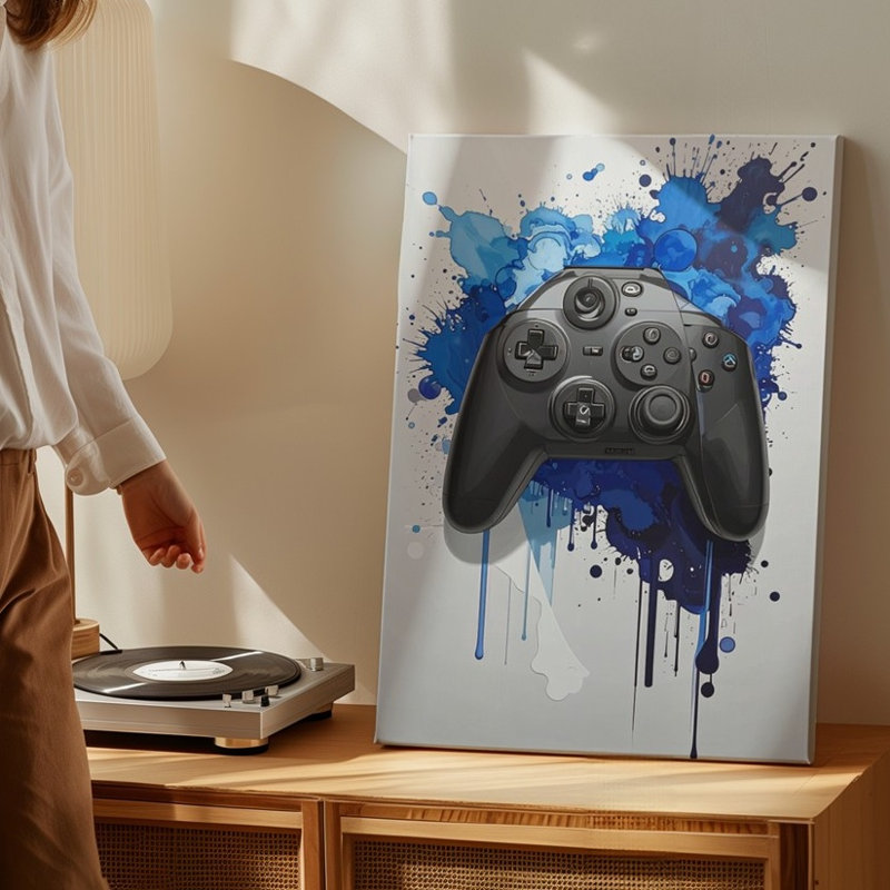 Manette de jeu bleue avec éclaboussure bleue et aquarelle, H 16 po x l 20 po