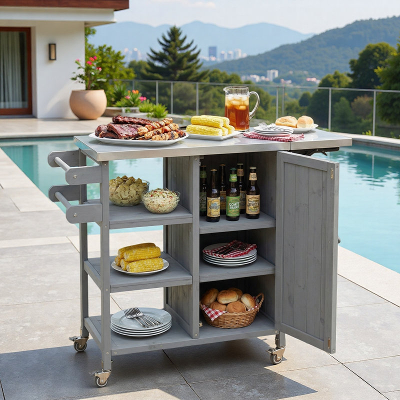 Îlot de cuisine extérieur pliable avec roulettes verrouillables, armoire de rangement et porte-serviettes, Gris