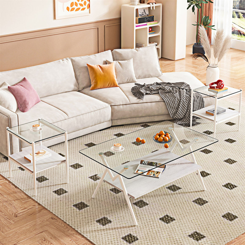 Ensemble de 3 tables basses et tables de bout, Blanc, Transparent