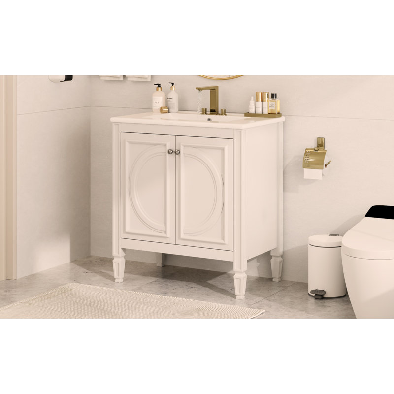 Meuble-lavabo de 30 po avec lavabo, deux portes avec tablette, charnières de porte à fermeture en douceur, style rétro, Blanc