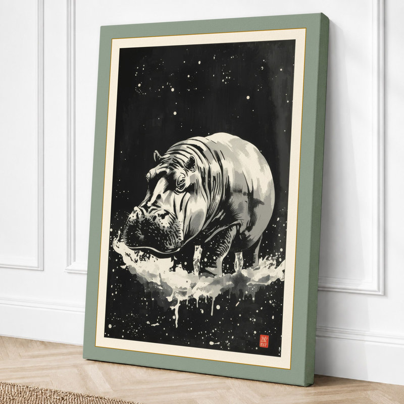 Hippopotamus Under Stars Japandi - Wrapped Canvas, 36x24 - 91.4 x 61.0 cm, Sage Border