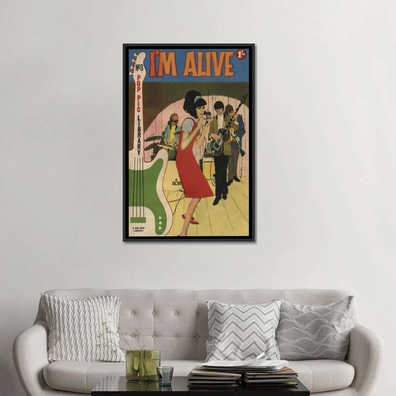 « i suis alive », affiche rétro sur toile, H 26 po x l 18 po x P 1,5 po, Toile avec cadre noir, Pas de tapis