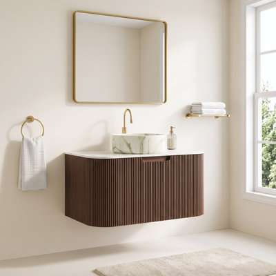 Meuble-lavabo mural en contreplaqué 30 po, noyer foncé, conception à rayures incurvées avec tiroir de rangement imperméable et résistant à l'humidité, pré-assemblé