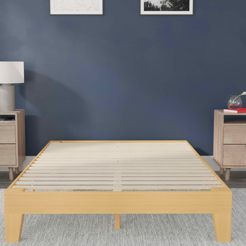 Natural Pine Queen Platform Bed Frame with Wooden Slats