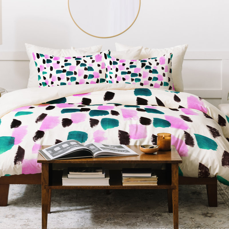 Polyester Abstract Duvet Cover, Queen Duvet Cover + 2 Shams, Pink/Green/Black